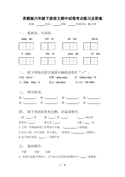 苏教版六年级下册语文期中试卷考点练习及答案