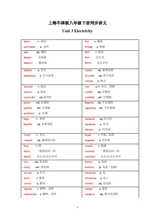 上海牛津版八年级下册Unit3 Electricity 同步讲义 解析版