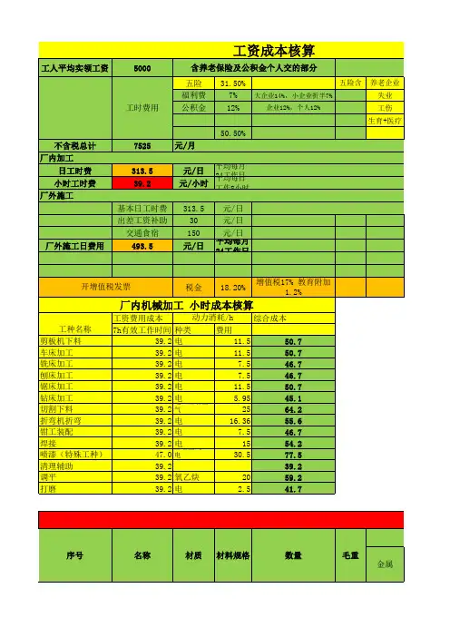 机械加工工时报价 成本核算表 报价表模板