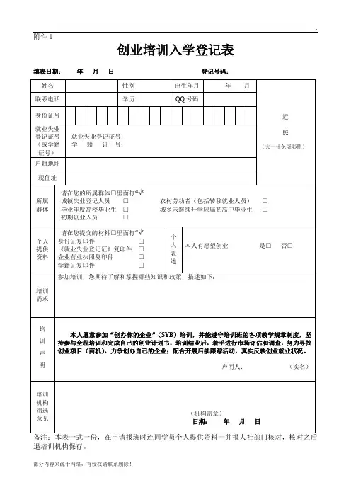 SYB创业培训入学登记表最新整理版