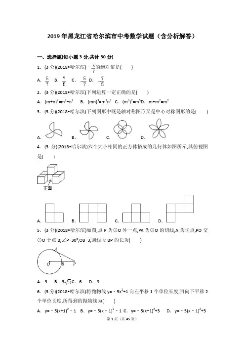 2019年黑龙江省哈尔滨市中考数学试题(含分析解答)
