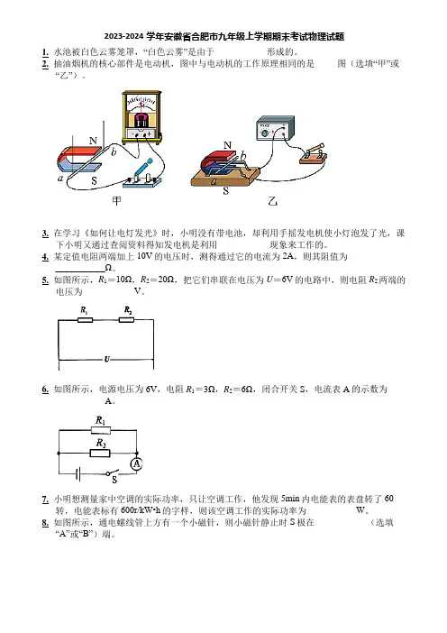 2023-2024学年安徽省合肥市九年级上学期期末考试物理试题