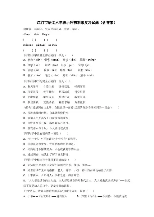 江门市语文六年级小升初期末复习试题(含答案)