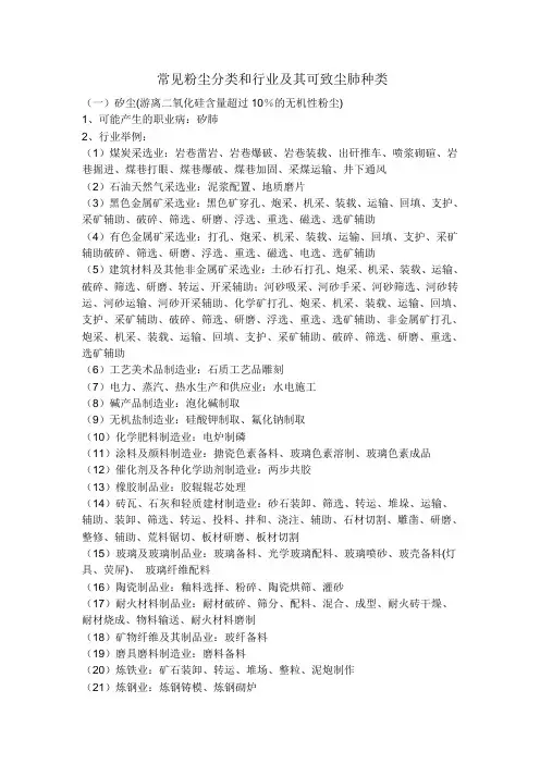 常见粉尘分类和行业及其可致尘肺种类