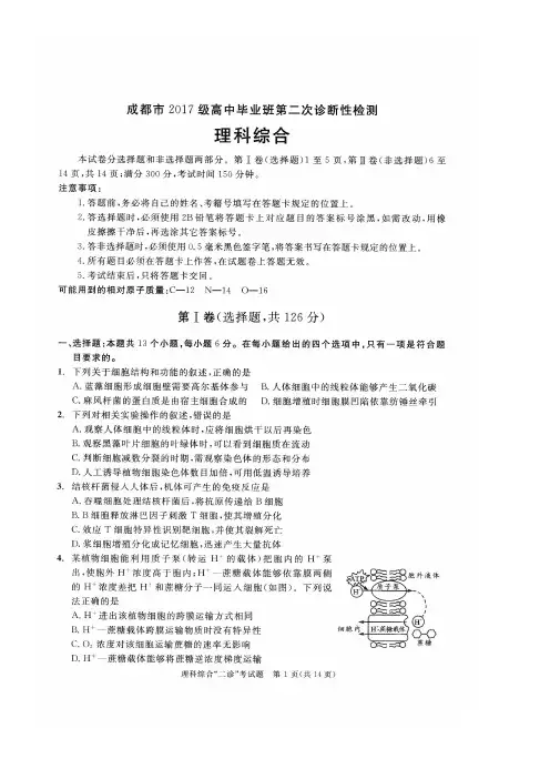 四川成都2020届(2017级)高三毕业班第二次诊断性考试理综试题
