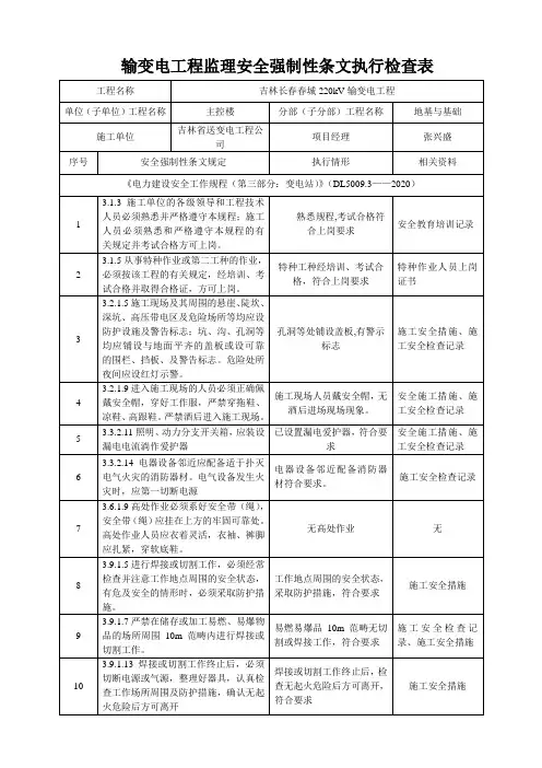 输变电工程监理安全强制性条文执行检查表