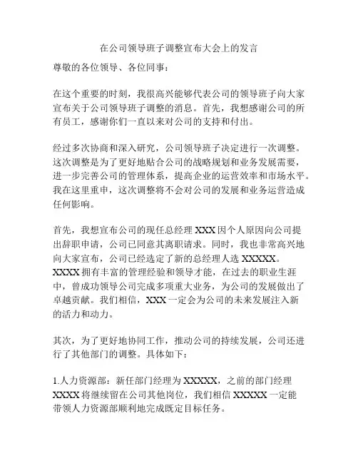 在公司领导班子调整宣布大会上的发言