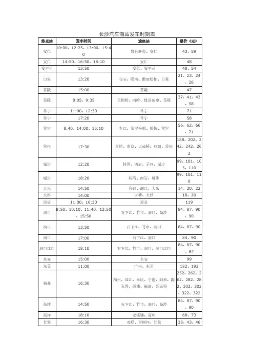 2012年长沙汽车南站发车时刻表