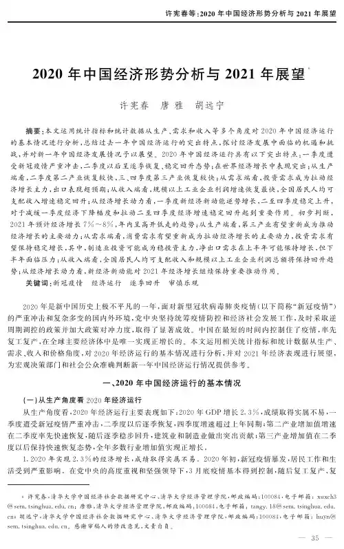 2020年中国经济形势分析与2021年展望