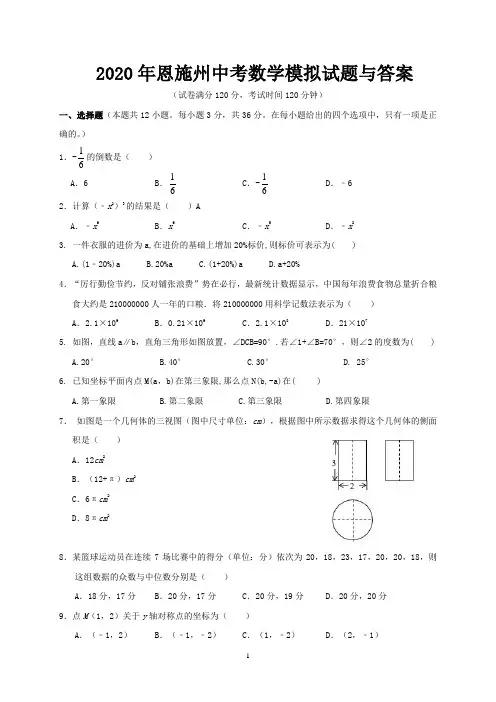 2020年恩施州中考数学模拟试题与答案