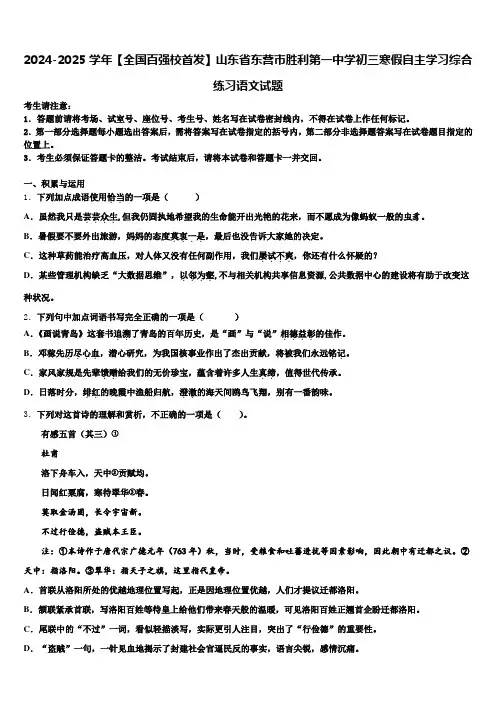 2024-2025学年【全国百强校首发】山东省东营市胜利第一中学初三寒假自主学习综合练习语文试题含解