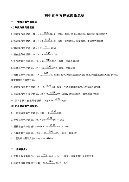 初中化学方程式大全及现象总结