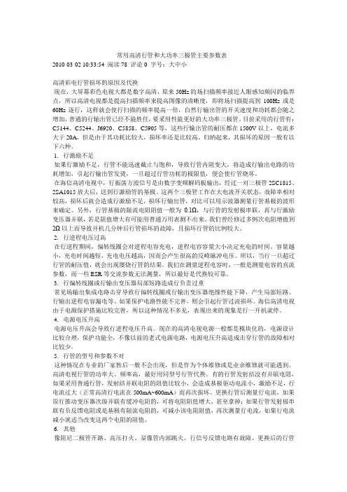 常用高清行管和大功率三极管主要参数表