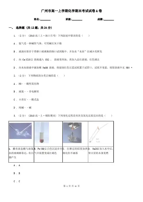 广州市高一上学期化学期末考试试卷A卷