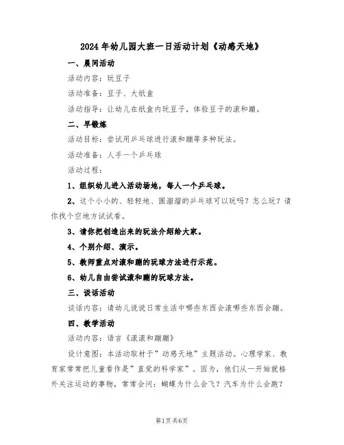 2024年幼儿园大班一日活动计划《动感天地》(二篇)