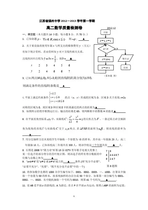 江苏省扬州中学2012-2013学年高二12月月考 数学