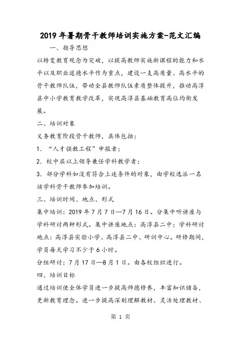 2019年暑期骨干教师培训实施方案-word文档