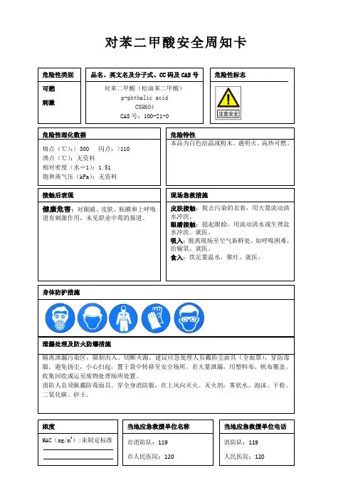 对苯二甲酸安全周知卡、职业危害告知卡、理化特性表