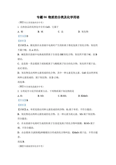 2022年中考化学真题专题06 物质的分类及化学用语(1)(通用版)