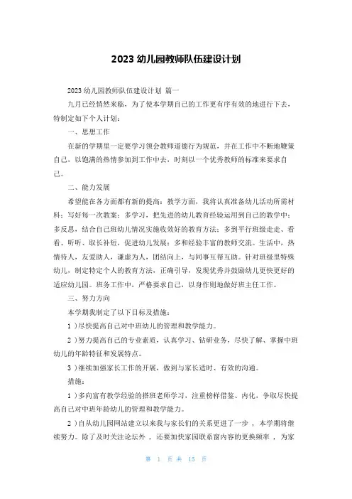 2023幼儿园教师队伍建设计划