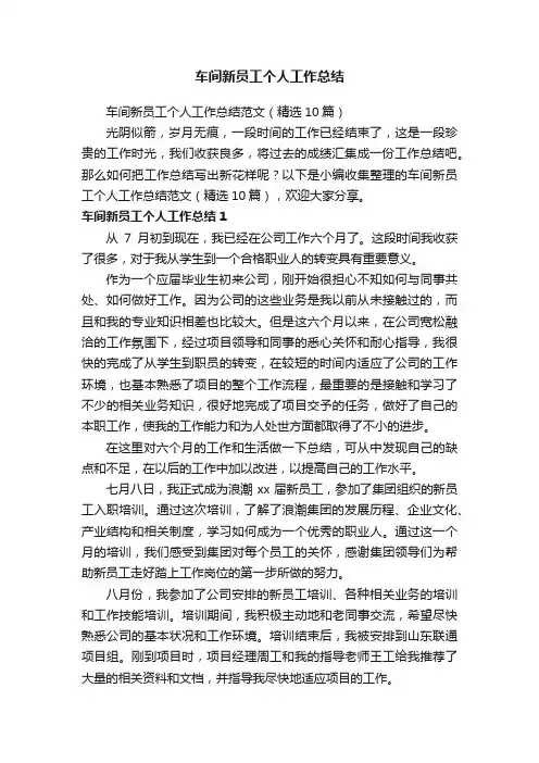 车间新员工个人工作总结范文（精选10篇）