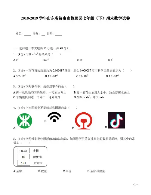 山东省济南市槐荫区2018-2019学年七年级(下)期末数学试卷(含解析)