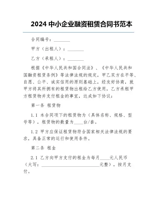 2024中小企业融资租赁合同书范本
