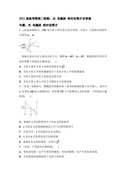 2021届高考物理二轮复习练：光 电磁波 相对论简介含答案