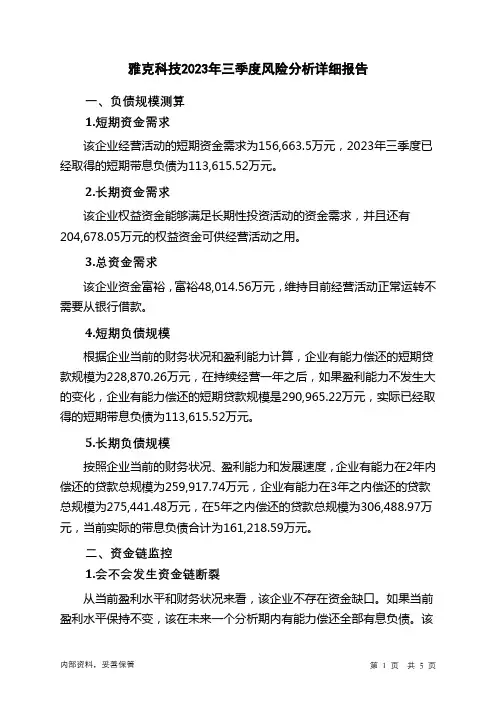 002409雅克科技2023年三季度财务风险分析详细报告