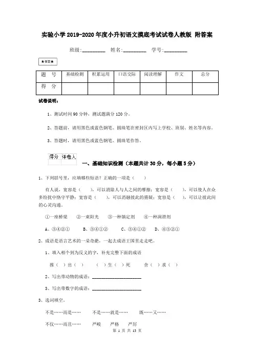 实验小学2019-2020年度小升初语文摸底考试试卷人教版 附答案