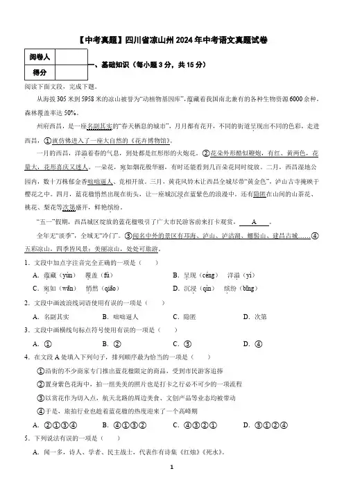 【中考真题】四川省凉山州2024年中考语文真题试卷(含答案)
