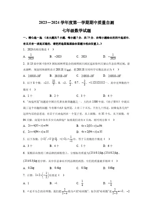江苏省徐州市铜山区2023-2024学年七年级上学期期中数学试题(含解析)