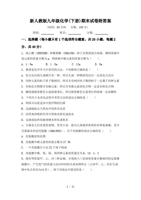 新人教版九年级化学(下册)期末试卷附答案