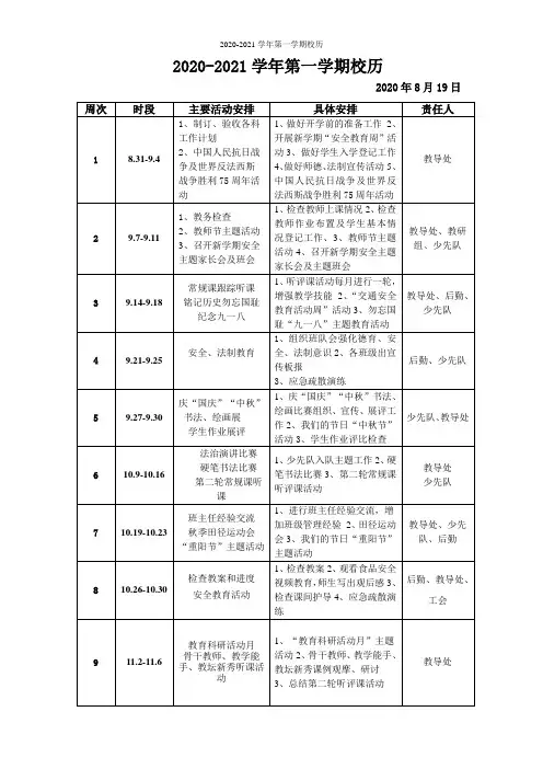 2020-2021学年第一学期校历