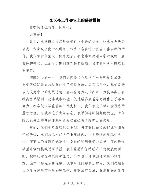 在区委工作会议上的讲话模板