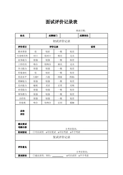 面试评价记录表(标准版)