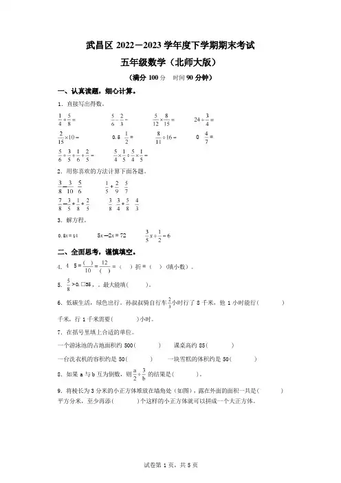 2022-2023学年湖北省武汉市武昌区北师大版五年级下册期末考试数学试卷