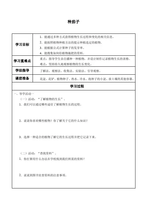 四年级下册科学学案-11 种茄子-冀人版