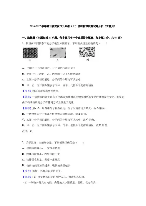 2016-2017学年湖北省武汉市九年级(上)调研物理试卷试题分析(王春元)
