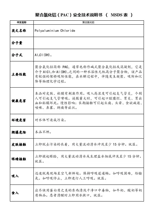 聚合氯化铝(pac)安全技术说明书(msds表)