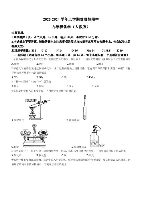 河南省焦作市武陟县2023-2024学年九年级上学期阶段性期中考试化学试题(含答案)