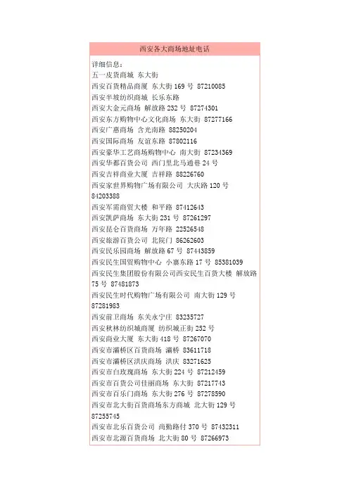 西安各大商场地址电话