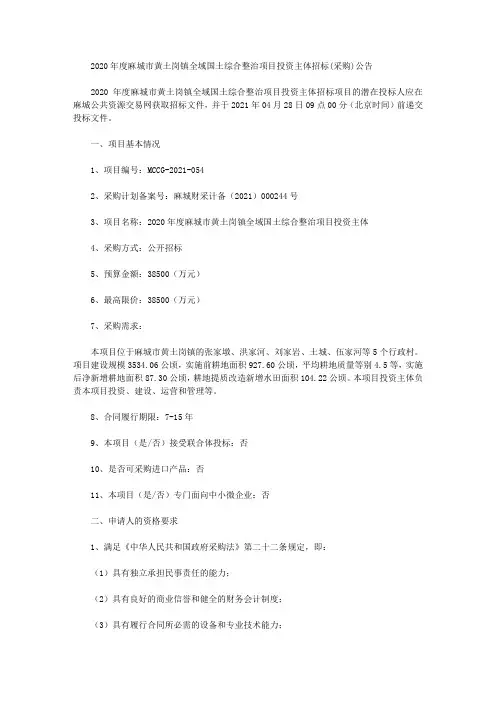 2020年度麻城市黄土岗镇全域国土综合整治项目投资主体招标(采购)公告