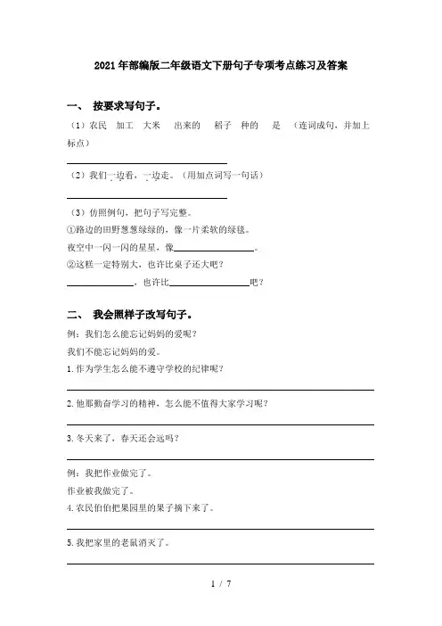 2021年部编版二年级语文下册句子专项考点练习及答案