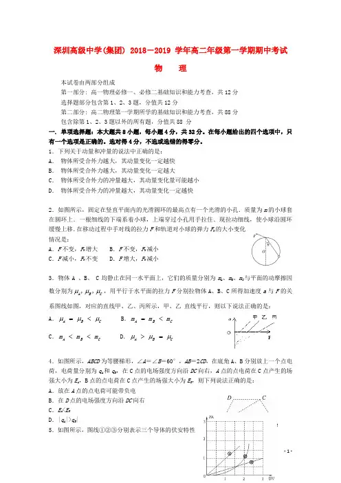 广东省深圳市高级中学2018-2019学年高二物理上学期期中试题