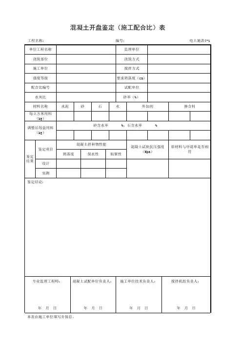 001-电土施表4-1 混凝土开盘鉴定(施工配合比)表