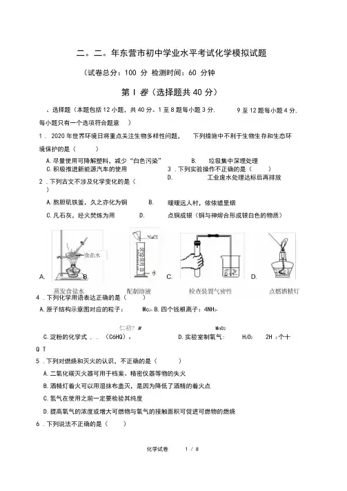 2020年山东省东营市中考模拟化学试题(含答案)