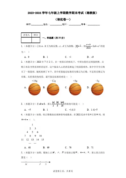 2023-2024学年湘教版数学七年级期末考试试题及解析培优卷1