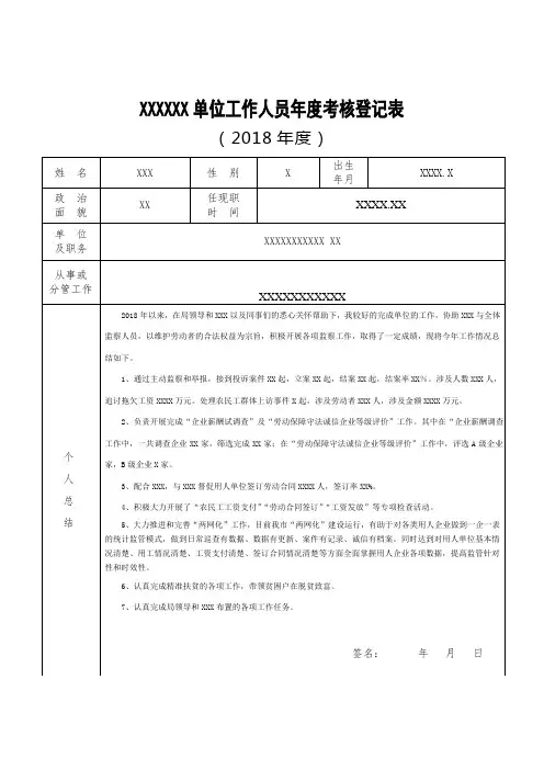年度考核登记表(2018年度) - 模板