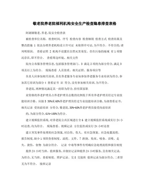 敬老院养老院福利机构安全生产检查隐患排查表格